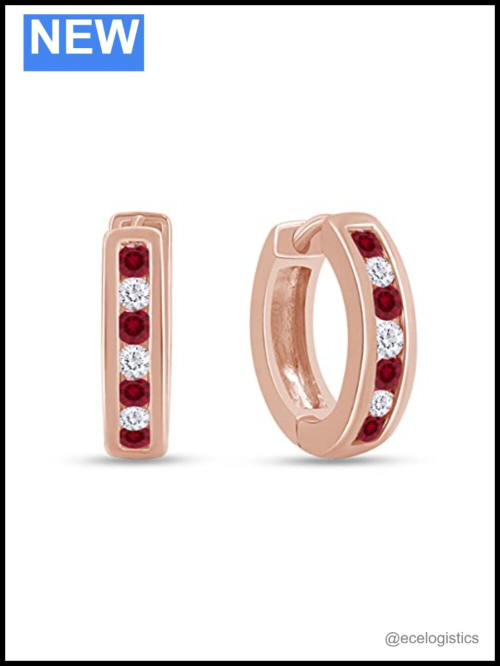 Huggie Hoop Earrings with Ruby & White Cubic Zirconia 925 Sterling Silver 14K